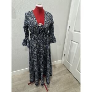 Anthropologie Boemo Maxi Tiered Ruffle Hippy Boho Prarie Western Blue Floral